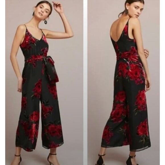 Anthropologie Ett Twa burnout velvet black red holiday jumpsuit. Small - Picture 3 of 4